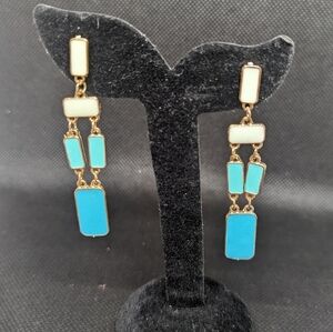Kate Spade Gold Tone Blue Enamel Rectangle Dangle Drop Statement Earrings